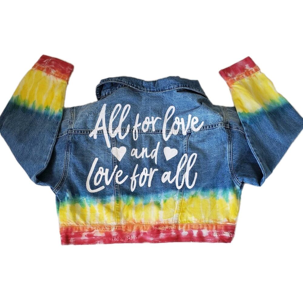 Blank Nyc Denim Cropped Rainbow Jean Jacket Large ALL FOR LOVE and LOVE FOR ALL